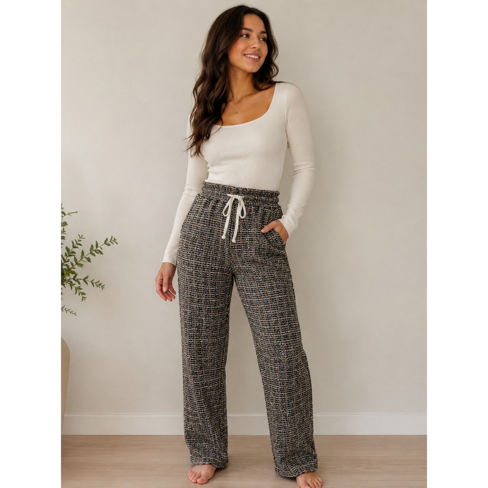 Win Win Women's Tweed Wide Leg Lounge‎ Pants Size Large Black White Gold